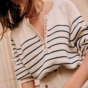 Sezane Women's Leontine Jumper Sweater in Ecru Navy Knit Cotton Size Small